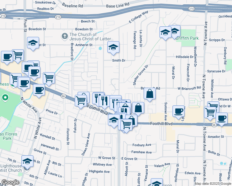map of restaurants, bars, coffee shops, grocery stores, and more near 3736 Live Oak Drive in Pomona