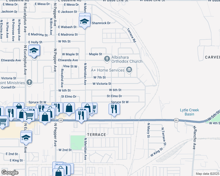 map of restaurants, bars, coffee shops, grocery stores, and more near 588 North Dallas Avenue in San Bernardino