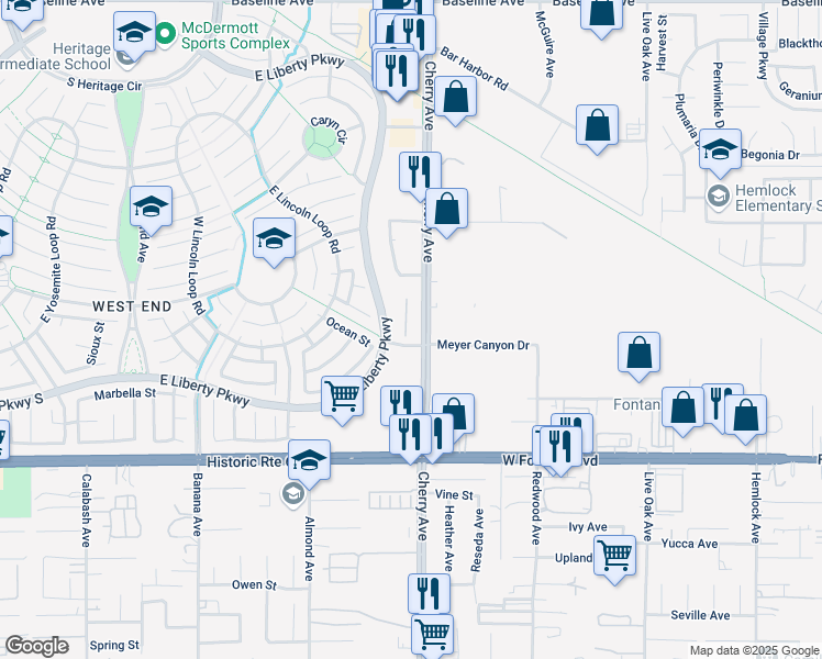 map of restaurants, bars, coffee shops, grocery stores, and more near 14300 Meyer Canyon Drive in Fontana