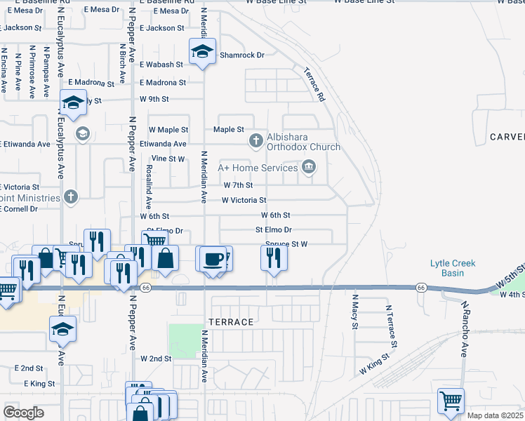 map of restaurants, bars, coffee shops, grocery stores, and more near 588 North Dallas Avenue in San Bernardino