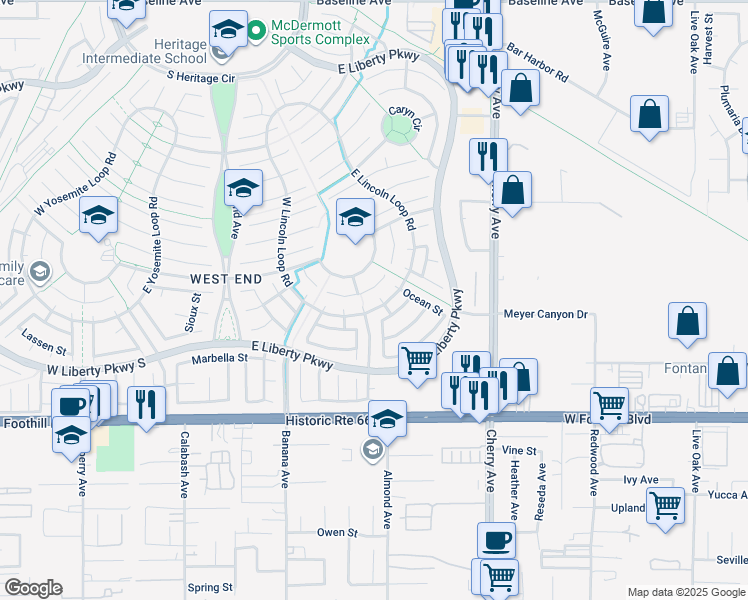 map of restaurants, bars, coffee shops, grocery stores, and more near 14212 Point Loma Street in Fontana
