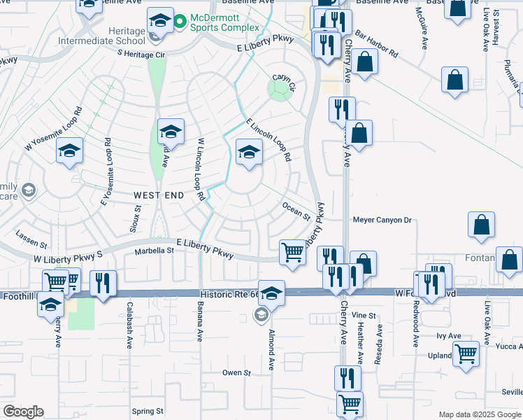 map of restaurants, bars, coffee shops, grocery stores, and more near 14212 Point Loma Street in Fontana