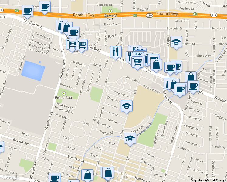 map of restaurants, bars, coffee shops, grocery stores, and more near 1969 Craig Way in La Verne