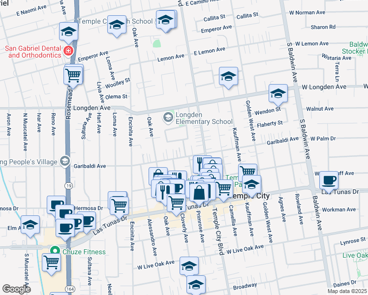map of restaurants, bars, coffee shops, grocery stores, and more near 6057 Primrose Avenue in Temple City