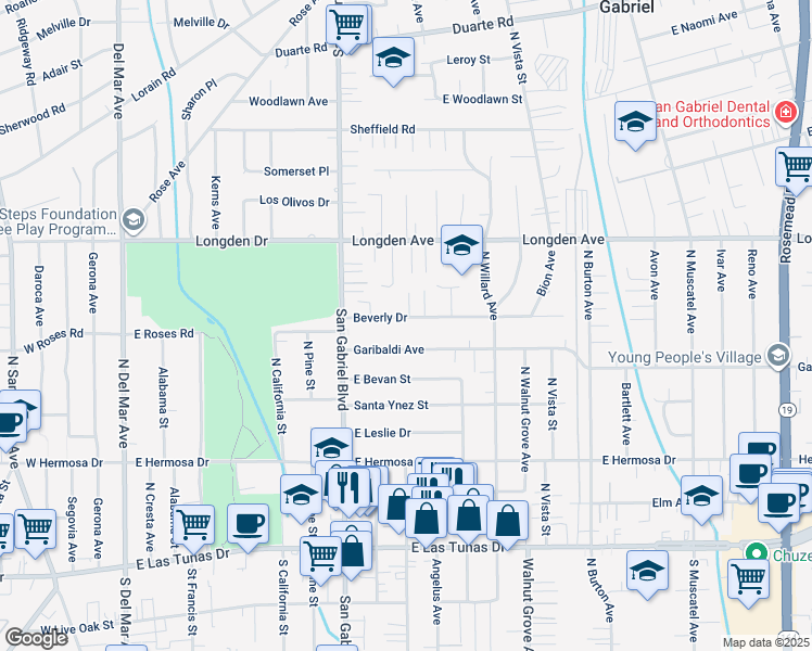 map of restaurants, bars, coffee shops, grocery stores, and more near 8261 Garibaldi Avenue in San Gabriel