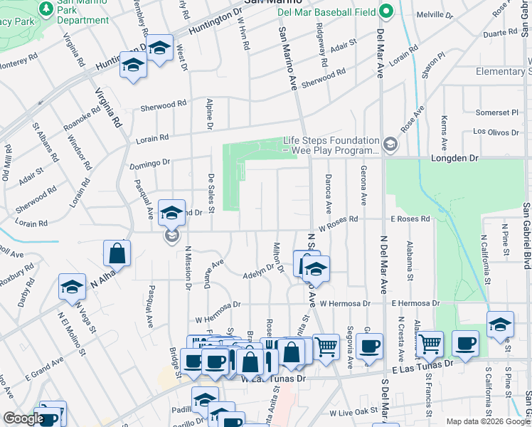 map of restaurants, bars, coffee shops, grocery stores, and more near 500 Dobbins Drive in San Gabriel