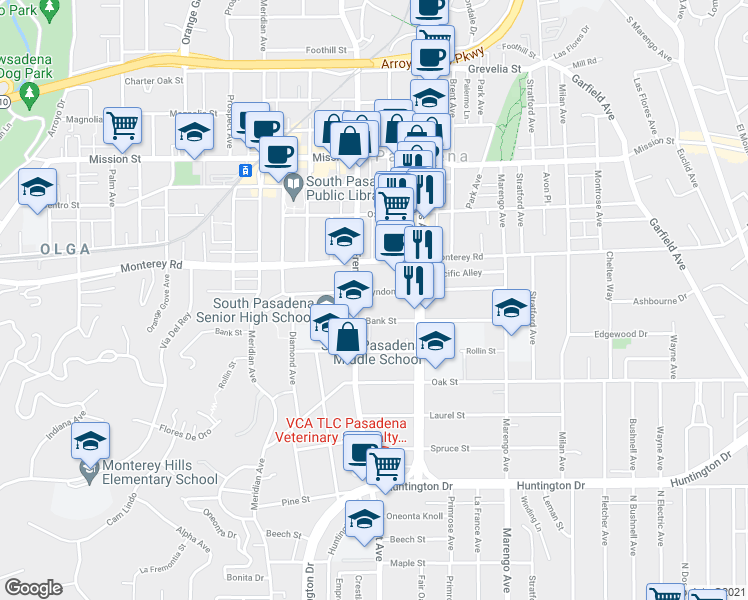map of restaurants, bars, coffee shops, grocery stores, and more near 1426 Bank Street in South Pasadena