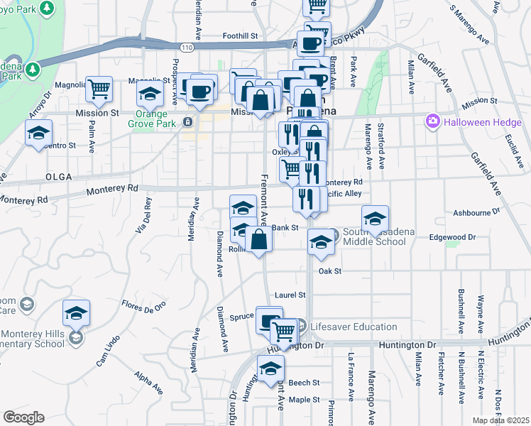 map of restaurants, bars, coffee shops, grocery stores, and more near 1401 Fremont Avenue in South Pasadena
