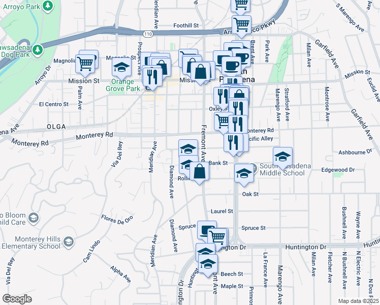 map of restaurants, bars, coffee shops, grocery stores, and more near 1401 Fremont Avenue in South Pasadena