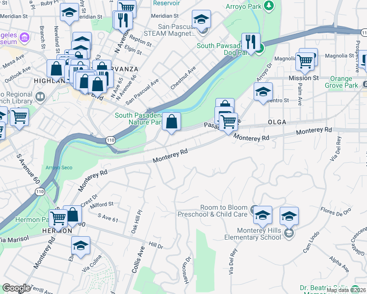 map of restaurants, bars, coffee shops, grocery stores, and more near 155 Monterey Road in South Pasadena