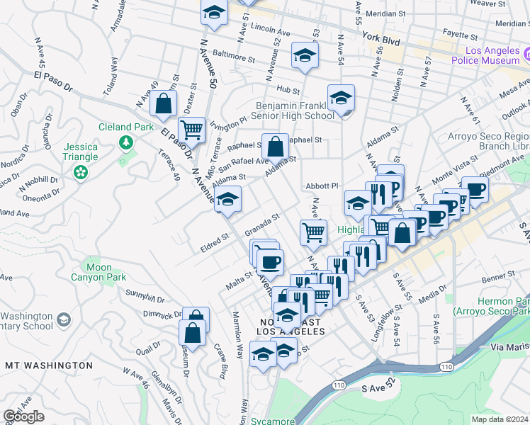 map of restaurants, bars, coffee shops, grocery stores, and more near 5031 Granada Street in Los Angeles