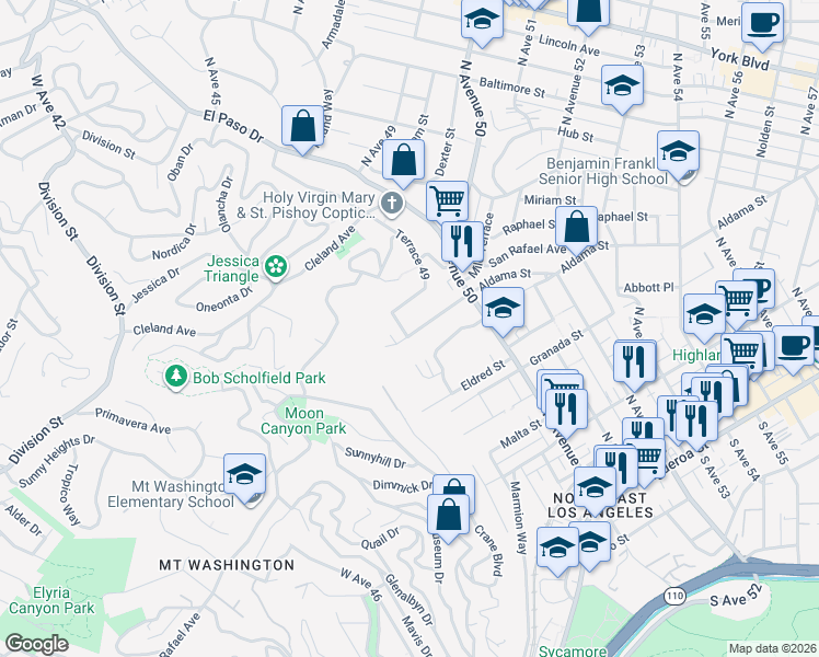 map of restaurants, bars, coffee shops, grocery stores, and more near 4801 San Marcos Place in Los Angeles