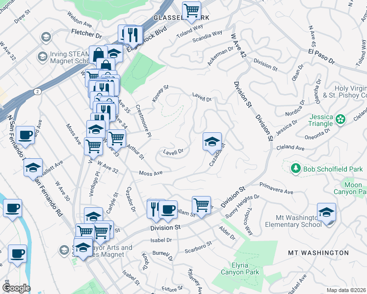 map of restaurants, bars, coffee shops, grocery stores, and more near 3614 Parrish Avenue in Los Angeles