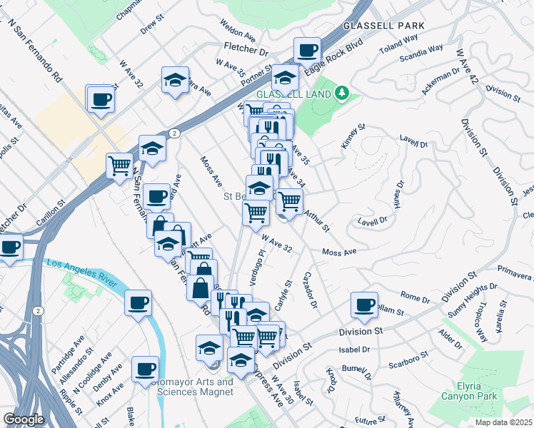 map of restaurants, bars, coffee shops, grocery stores, and more near 3214 Verdugo Road in Los Angeles