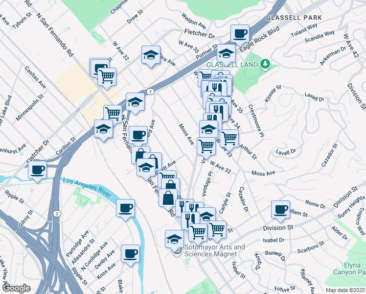 map of restaurants, bars, coffee shops, grocery stores, and more near 2652 West Avenue 32 in Los Angeles