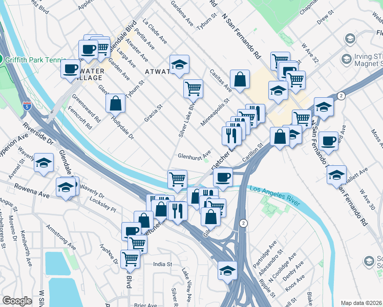 map of restaurants, bars, coffee shops, grocery stores, and more near 3032 Glenhurst Avenue in Los Angeles