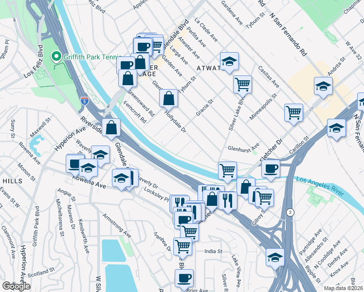 map of restaurants, bars, coffee shops, grocery stores, and more near in Los Angeles