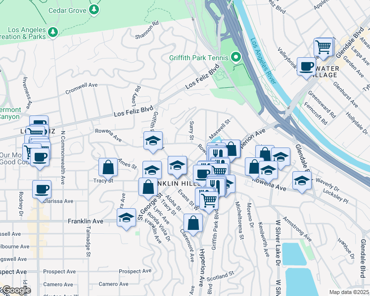 map of restaurants, bars, coffee shops, grocery stores, and more near 3733 Monon Street in Los Angeles