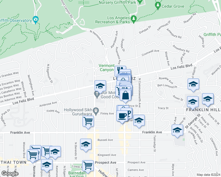 map of restaurants, bars, coffee shops, grocery stores, and more near 4573 Ambrose Avenue in Los Angeles