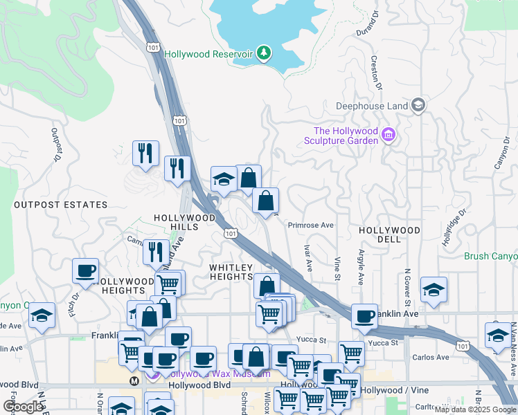 map of restaurants, bars, coffee shops, grocery stores, and more near 6520 Iris Drive in Los Angeles