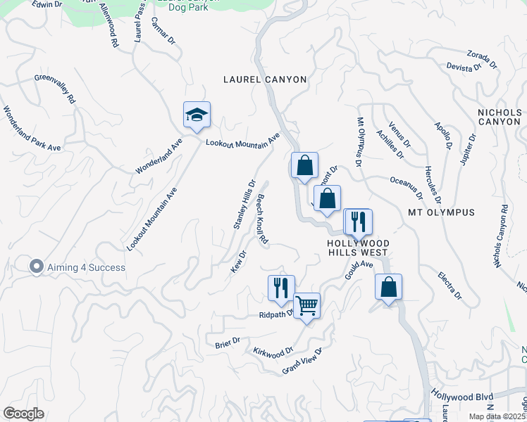 map of restaurants, bars, coffee shops, grocery stores, and more near 2172 Beech Knoll Road in Los Angeles