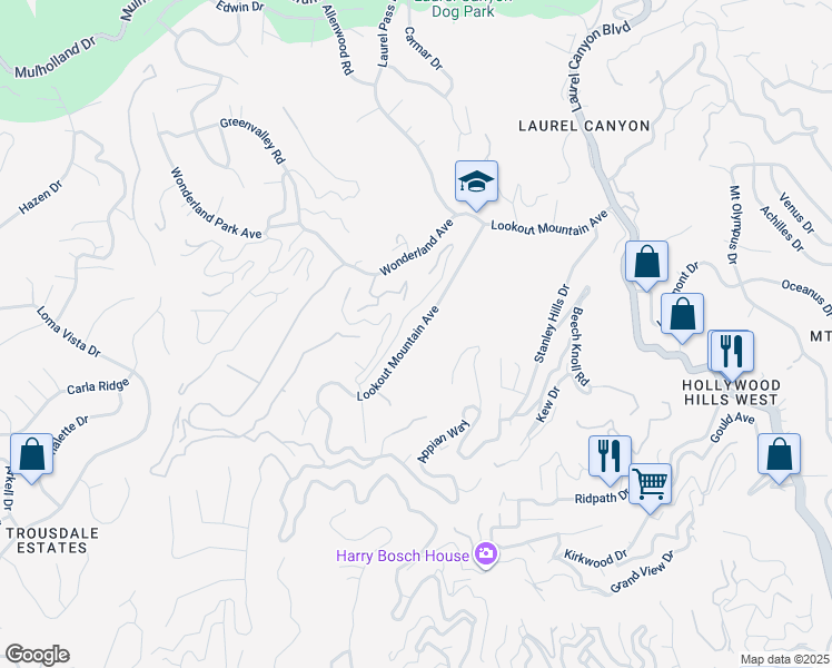 map of restaurants, bars, coffee shops, grocery stores, and more near 8666 Lookout Mountain Avenue in Los Angeles