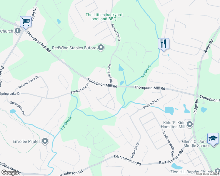 map of restaurants, bars, coffee shops, grocery stores, and more near 3192 Jocassee Drive in Buford
