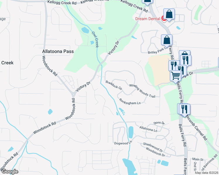 map of restaurants, bars, coffee shops, grocery stores, and more near 1025 Braddock Circle in Woodstock