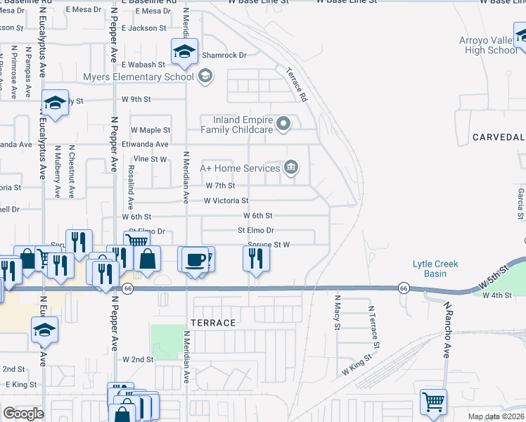 map of restaurants, bars, coffee shops, grocery stores, and more near 2470 West 6th Street in San Bernardino