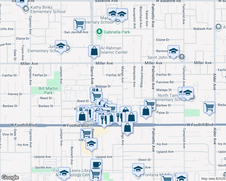 map of restaurants, bars, coffee shops, grocery stores, and more near 17031 Malaga Street in Fontana