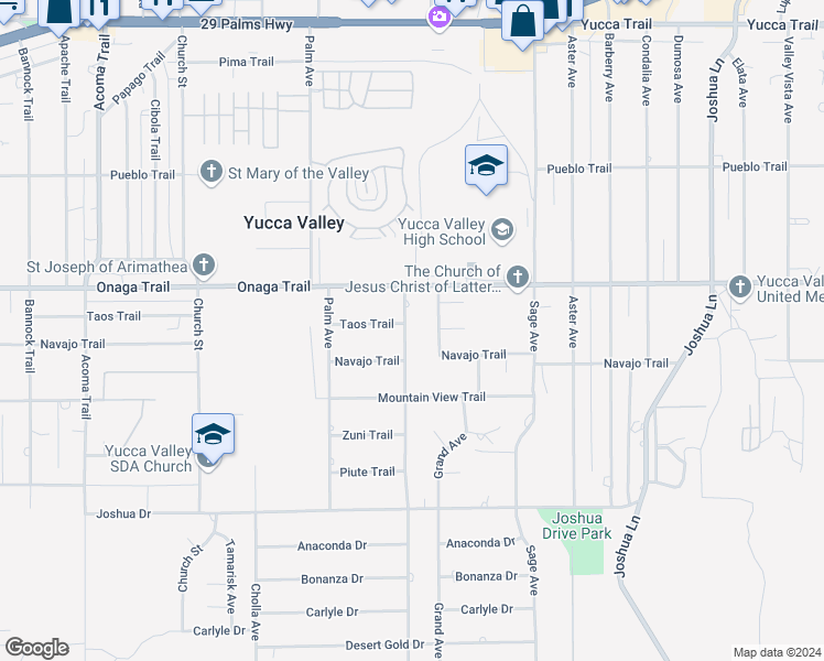 map of restaurants, bars, coffee shops, grocery stores, and more near 7777 Amador Avenue in Yucca Valley