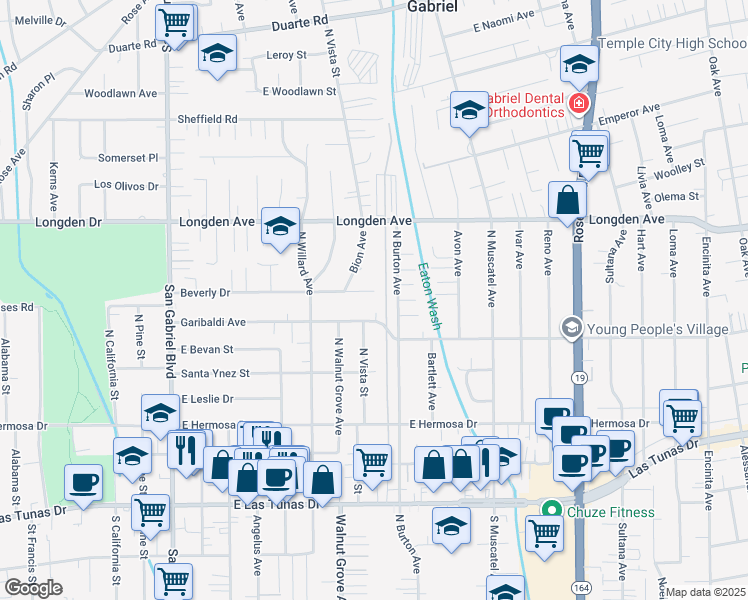 map of restaurants, bars, coffee shops, grocery stores, and more near 8534 Beverly Drive East in San Gabriel