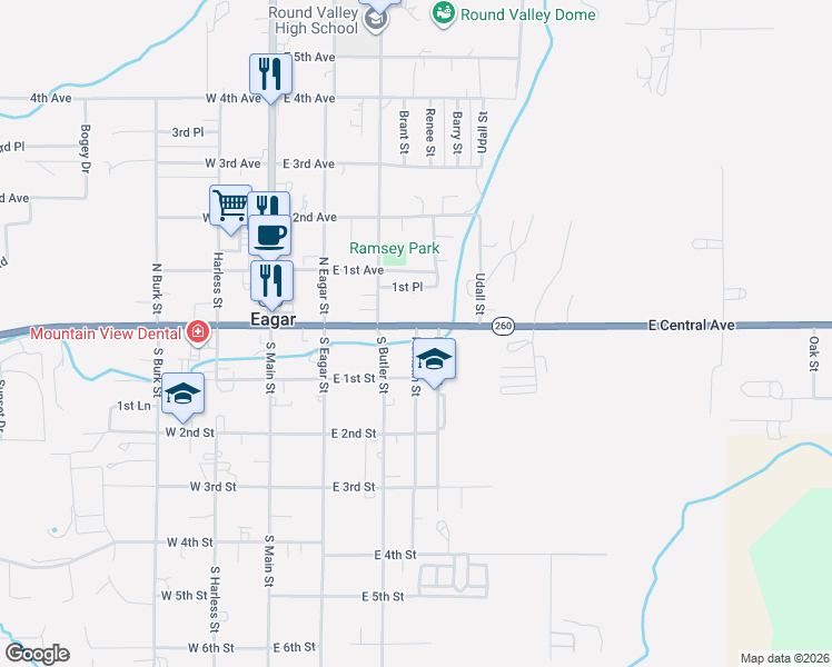 map of restaurants, bars, coffee shops, grocery stores, and more near 26-98 Brown St in Eagar