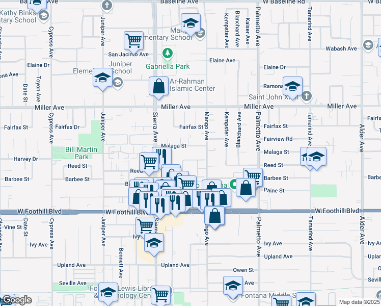map of restaurants, bars, coffee shops, grocery stores, and more near 17031 Malaga Street in Fontana