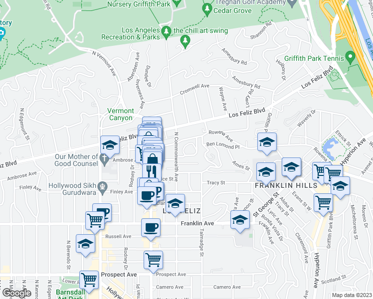 map of restaurants, bars, coffee shops, grocery stores, and more near 4342 Cedarhurst Circle in Los Angeles