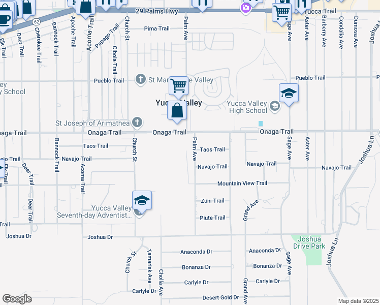 map of restaurants, bars, coffee shops, grocery stores, and more near 7824 Palm Avenue in Yucca Valley