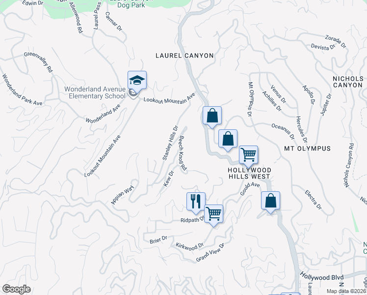 map of restaurants, bars, coffee shops, grocery stores, and more near 2172 Beech Knoll Road in Los Angeles