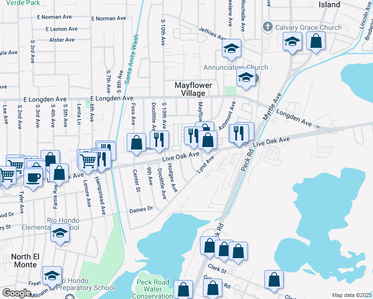 map of restaurants, bars, coffee shops, grocery stores, and more near 4251 Live Oak Avenue in Arcadia