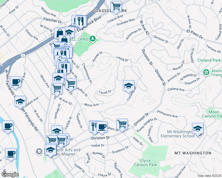 map of restaurants, bars, coffee shops, grocery stores, and more near 3614 Parrish Avenue in Los Angeles