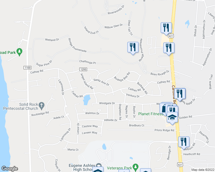 map of restaurants, bars, coffee shops, grocery stores, and more near 213 Santa Ana Drive in Wilmington