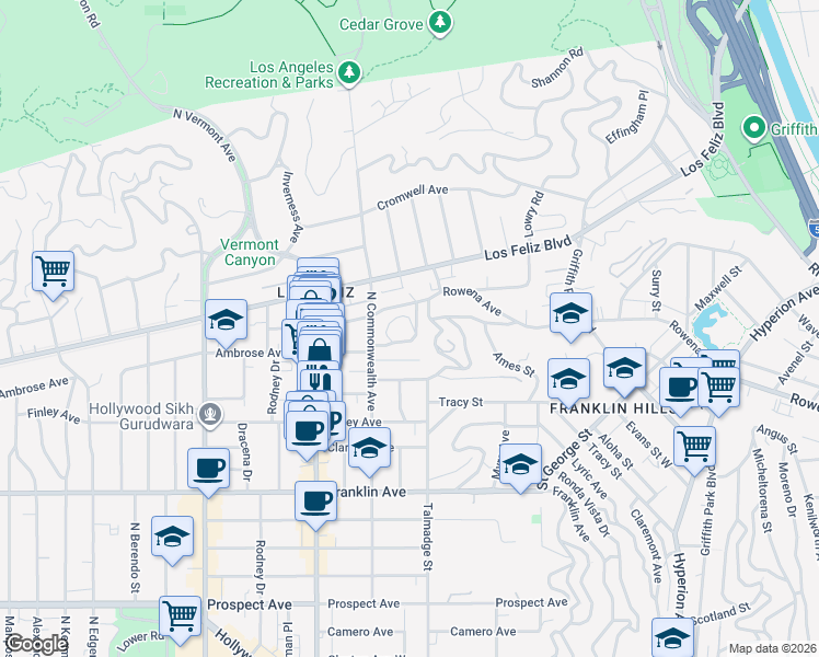 map of restaurants, bars, coffee shops, grocery stores, and more near 4310 Cedarhurst Circle in Los Angeles