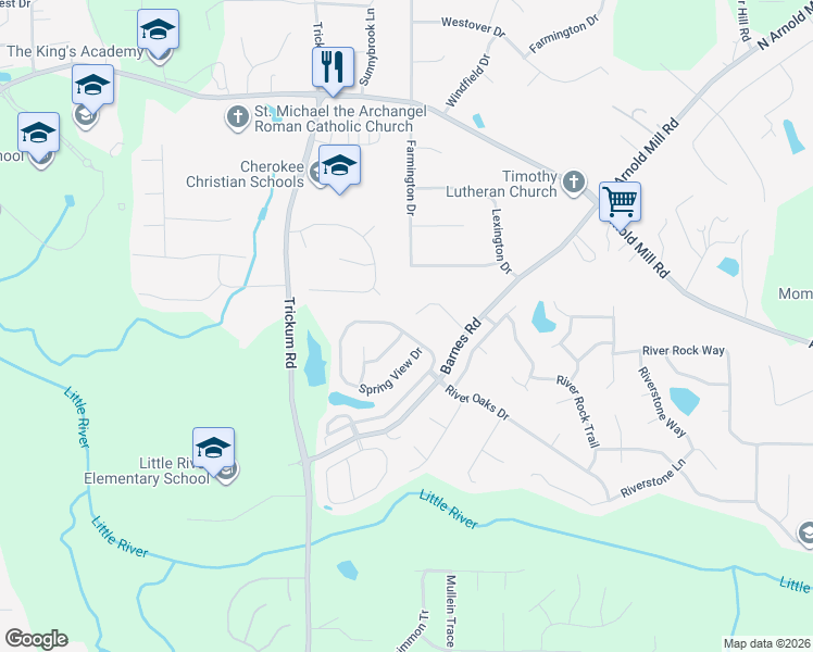 map of restaurants, bars, coffee shops, grocery stores, and more near 527 Spring View Drive in Woodstock
