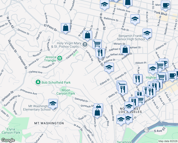 map of restaurants, bars, coffee shops, grocery stores, and more near 4801 San Marcos Place in Los Angeles