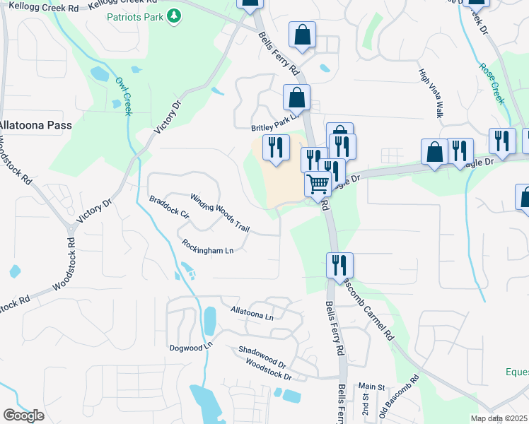 map of restaurants, bars, coffee shops, grocery stores, and more near 1666 Eagle Drive in Woodstock