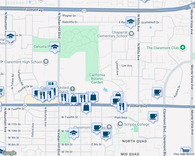 map of restaurants, bars, coffee shops, grocery stores, and more near 1500 North College Avenue in Claremont