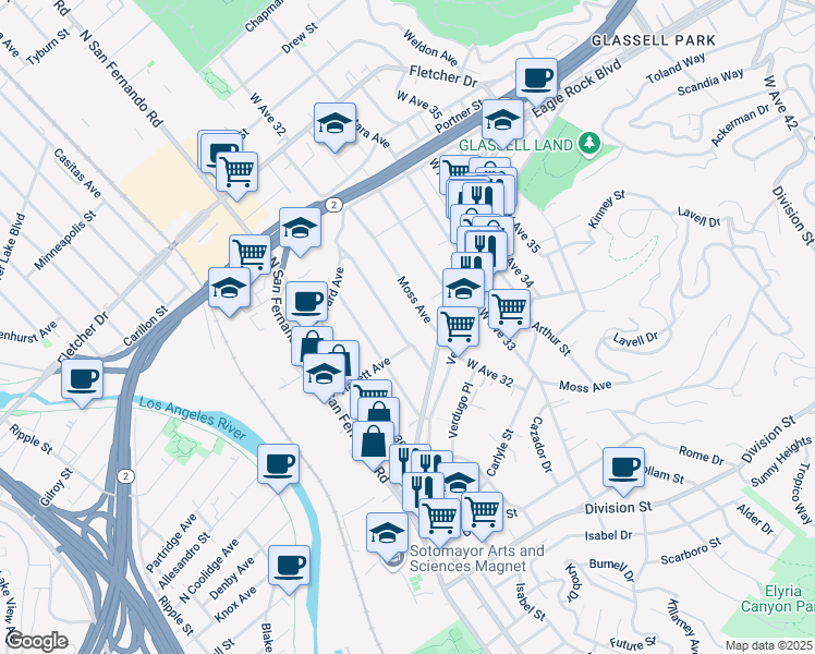 map of restaurants, bars, coffee shops, grocery stores, and more near 2652 West Avenue 32 in Los Angeles