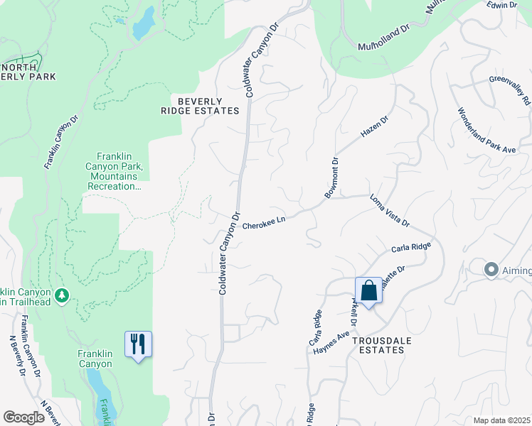 map of restaurants, bars, coffee shops, grocery stores, and more near 9500 Cherokee Lane in Beverly Hills