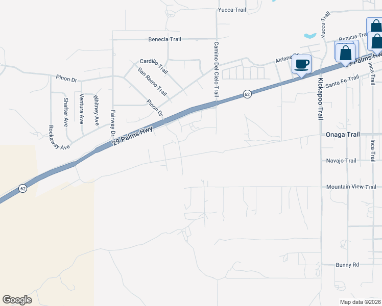 map of restaurants, bars, coffee shops, grocery stores, and more near Navajo Trail in Yucca Valley
