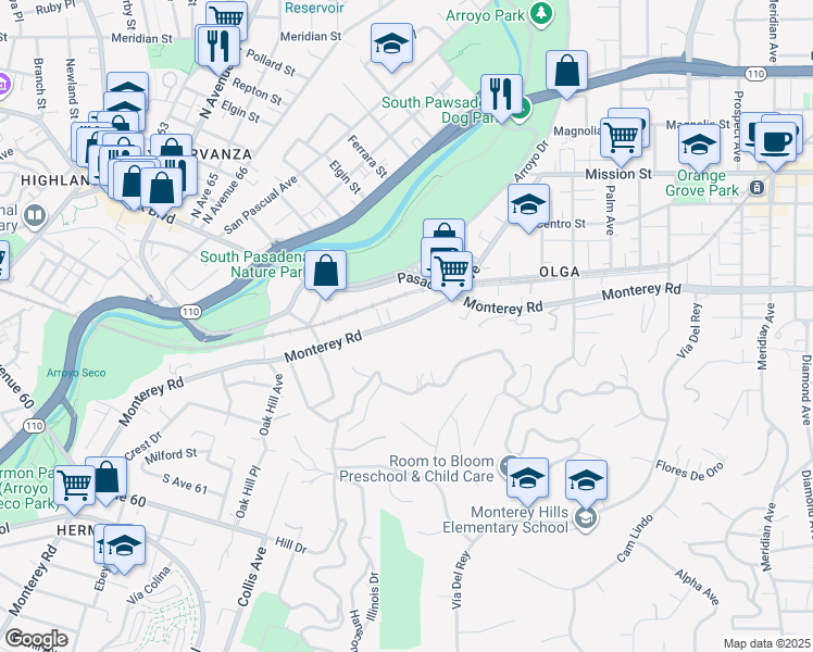 map of restaurants, bars, coffee shops, grocery stores, and more near 221 Monterey Road in South Pasadena