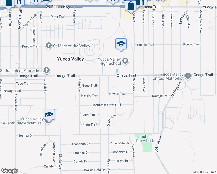 map of restaurants, bars, coffee shops, grocery stores, and more near Grand Avenue & Lisa Circle in Yucca Valley